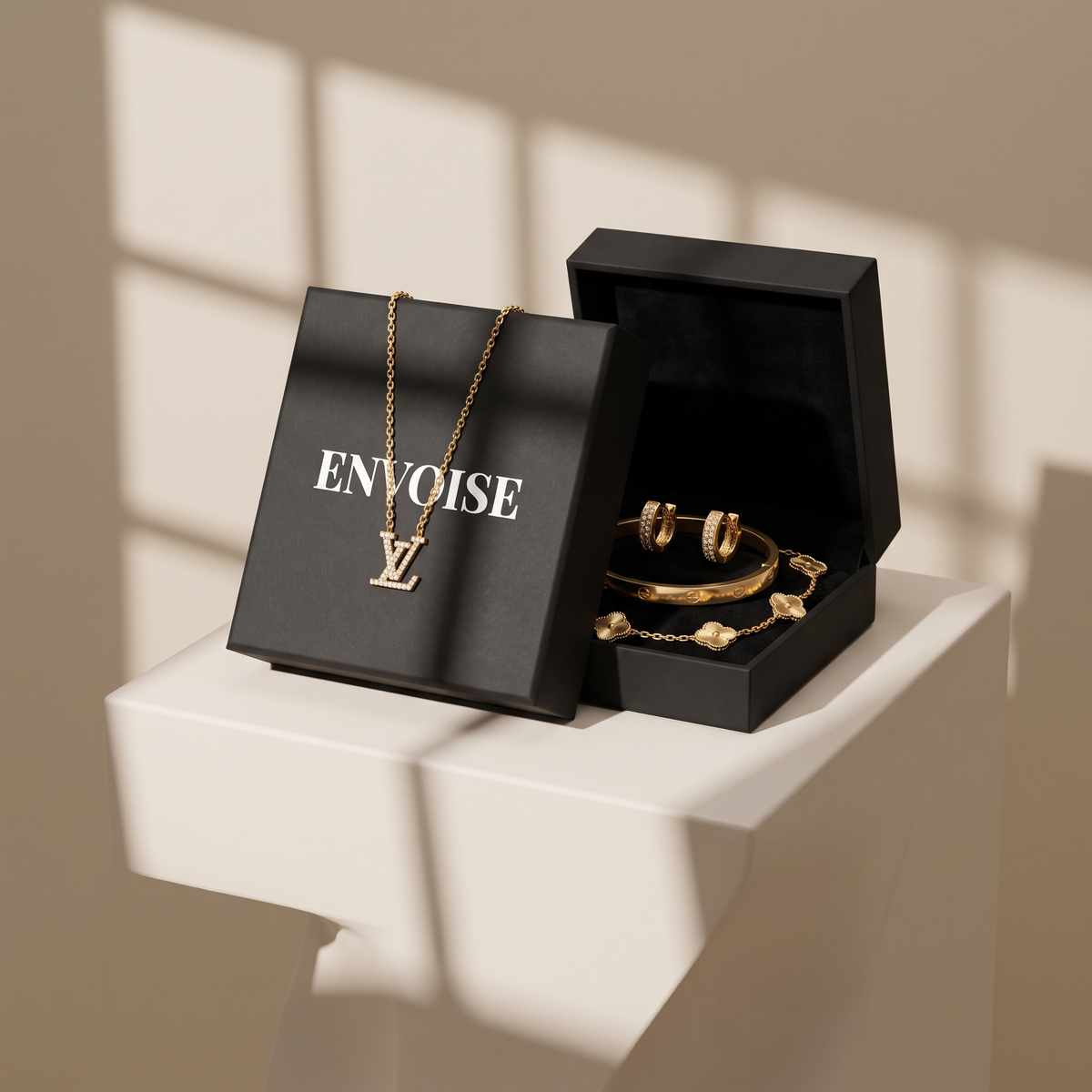 Lifestyle photo: 4 stacked pieces on a wrist and neck, wet skin